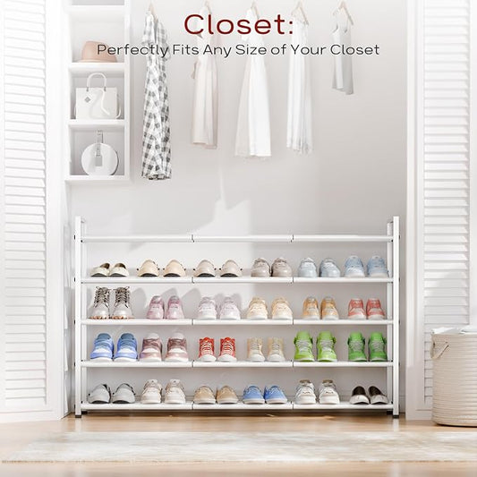 Bumusty 5-Tier Long Expandable Shoe Rack for Closet, 18"-44" Adjustable Shoe Rack for Entryway, 25-30 Pairs Large Shoe Organizer Shelf Storage, Sturdy Metal, White-NeatNest