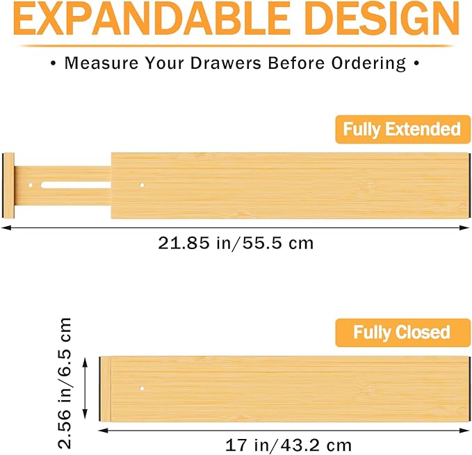BAMBUROBA Bamboo Drawer Dividers, Adjustable Organizer for Kitchen & Bedroom, Expandable 17-22" Drawer Separators, 4-Pack-NeatNest