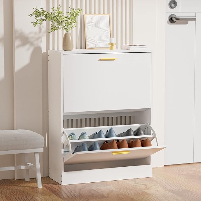 JOZZBY Shoe Cabinet for Entryway, Narrow White Shoe Storage Cabinet with 2 Flip Drawers, Wooden Hidden Shoe Rack Organizer with 2 Tier Freestanding for Hallway, Living Room, Set of 2-NeatNest