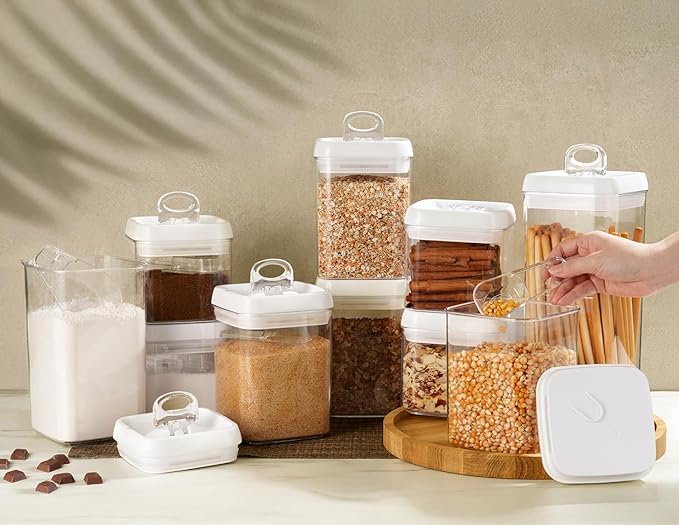 Felli Flip Tite Food Storage Container with Scoop & Lid 5" LARGE Airtight Ring Top, Acrylic Canister Jar for Sugar Flour Baking Powder Protein Rice Pasta Kitchen Organizer Gift Set (10pk, Variety)-NeatNest