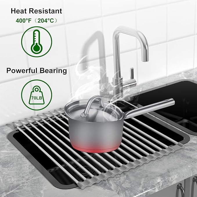 Sindax 23.7" Extra Large Dish Drying Rack, Expandable Roll Up Over The Sink Dish Drying Rack, SUS304 Stainless Steel Multipurpose Kitchen Drainer Rack Up Load to 70Lb