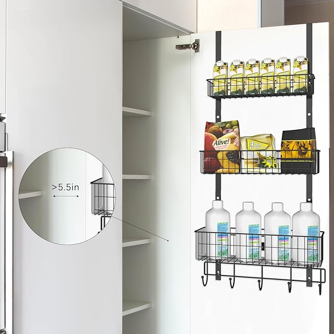 CADUKE Black Over The Door Organizer Over The Door Hooks with Basket Storage Door Towel Racks for Bathroom Door Storage Rack with 5 Hooks 3-Tier Door Hanger Basket for Kitchen