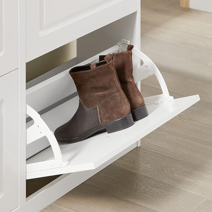 SoBuy White Shoe Cabinet with 4 Flip Drawers, Large Freestanding Shoe Rack, Modern Shoe Organizer for Entryway, Hallway, Entance FSR79-W-NeatNest