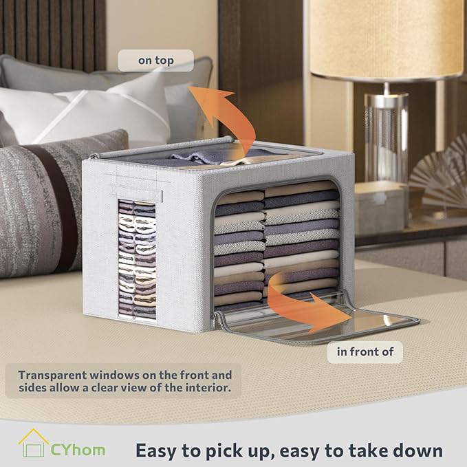 3Pack Foldable Storage Bins - Frame Storage Box Linen Fabric Stackable Clothes Container Organizer with Clear Window & Carry Handles Large Capacity (Small-22L, Light Grey)-NeatNest