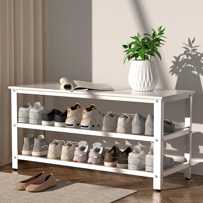 Apicizon White Shoe Rack, 35.5 Inches 3-Tier Shoe Rack for Entryway with Long Seat and Metal Shelves for Garage, Entryway Bench for Hallway Front Door, Mudroom, Doorway, Living Room, Bedroom-NeatNest