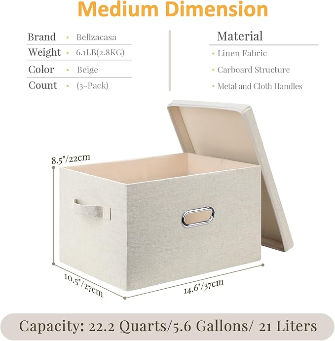 Bellzacasa Collapsible Storage Bins with Lids, 3 Pack Linen Fabric Foldable Storage Bin Cube with Handles, Toy Storage Baskets Box Closet Organizers and Storage Containers, Beige, 14.6x10.5x8.5