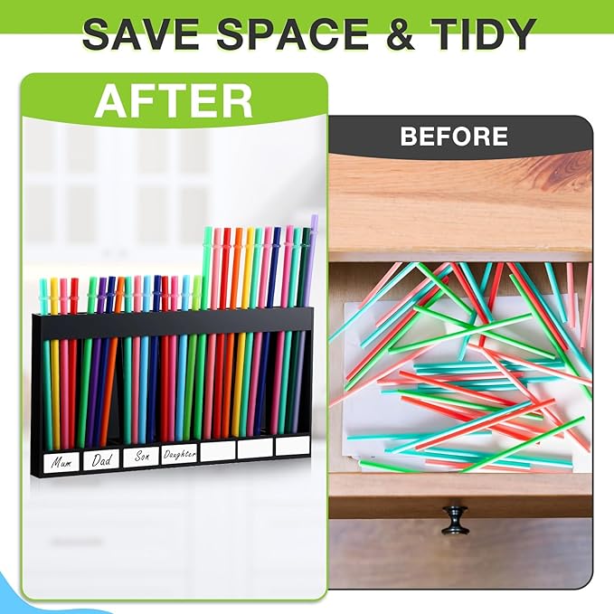Acrylic Straw Holder for Cabinet Door with Double Sided Adhesive Tape Reusable Straw Organizer Tumbler Storage Kitchen Accessories Container for Counter Cupboard(Classic,Extra Large,Black)