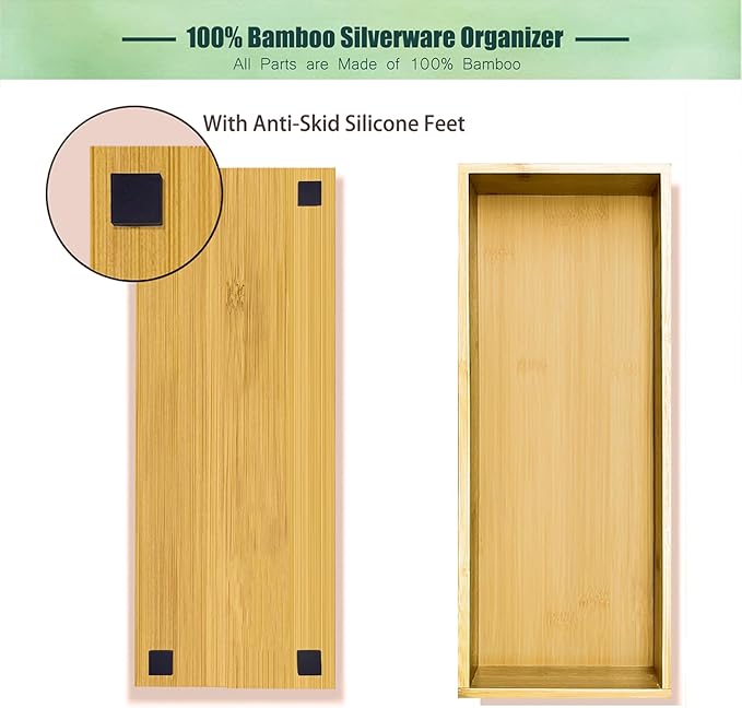 Bamboo Drawer Silverware Organizer, Utensil Organizer, Bamboo Storage Box Wood Silverware Tray for Drawer Set of 2-NeatNest