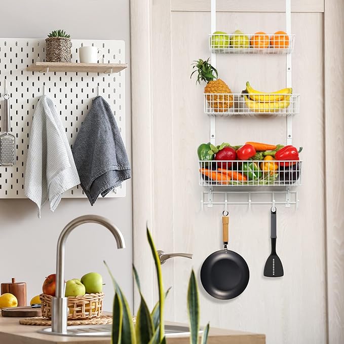 YBING Over The Door Organizer with Hooks Door Hanger Towel Rack with 3 Mesh Baskets Back of Door Hanging Shelf Organizer Behind Door Pantry Organizer for Bathroom Bedroom White