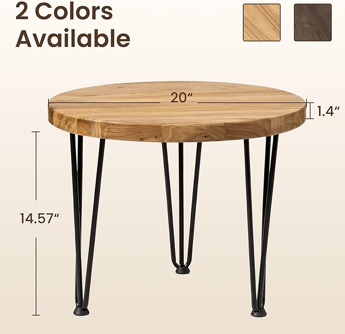 Fun Memories Round Coffee Table - Elm Wood Nesting Table with Metal Legs & Non Slip Feet Base - Rustic Nesting End Tables for Living Room Bedroom - 20" D x 20" W x 16" H - Natural Color