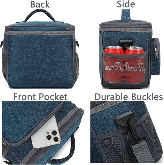 FlowFly Insulated Reusable Lunch Bag Adult Large Lunch Box for Women and Men with Adjustable Shoulder Strap,Front Zipper Pocket and Dual Large Mesh Side Pockets,Royal-NeatNest