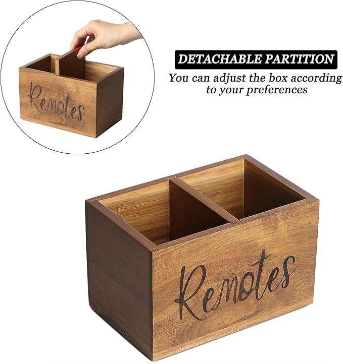 Acacia Wood TV Remote Holder, Caddy and Organizer for Table, Vintage Farmhouse Desk Caddy (Brown, 4+ Remotes)-NeatNest