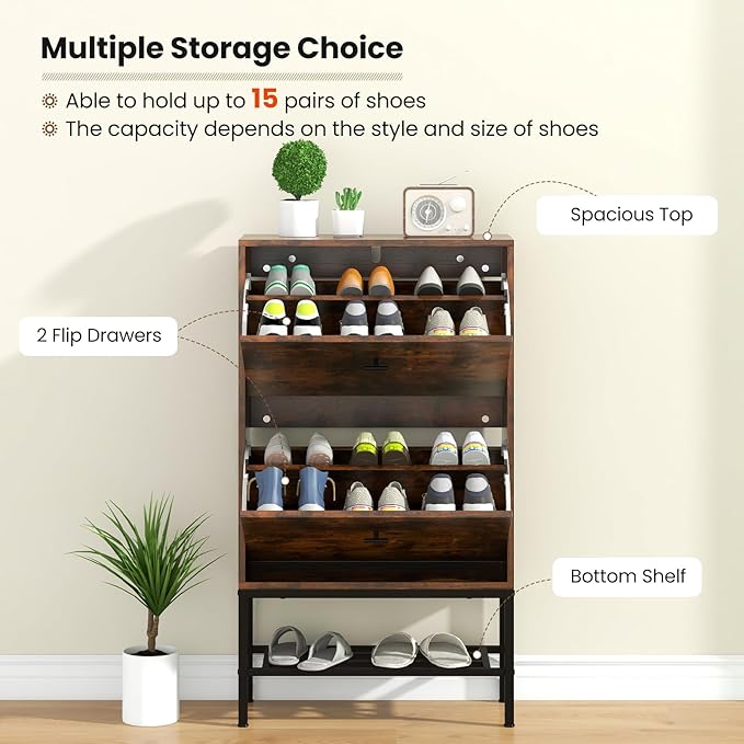 LOKO Industrial Shoe Storage Cabinet, Freestanding Shoe Organizer with 2 Flip Drawers, Adjustable & Removable Interior Shelves, Narrow Shoe Rack Cabinet for Entryway, Hallway, Rustic Brown-NeatNest