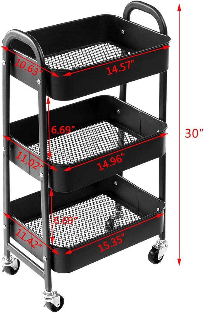 AGTEK Makeup Cart, Movable Rolling Organizer Cart, Black 3 Tier Metal Utility Cart-NeatNest