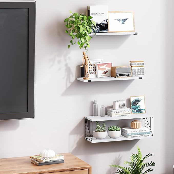 Fixwal 3+1 Tier Bathroom Floating Shelves Over Toilet, 15.8in Farmhouse Rustic Wood Shelves, Wall Decor for Bathroom, Living Room,Bedroom and Kitchen (White)-NeatNest