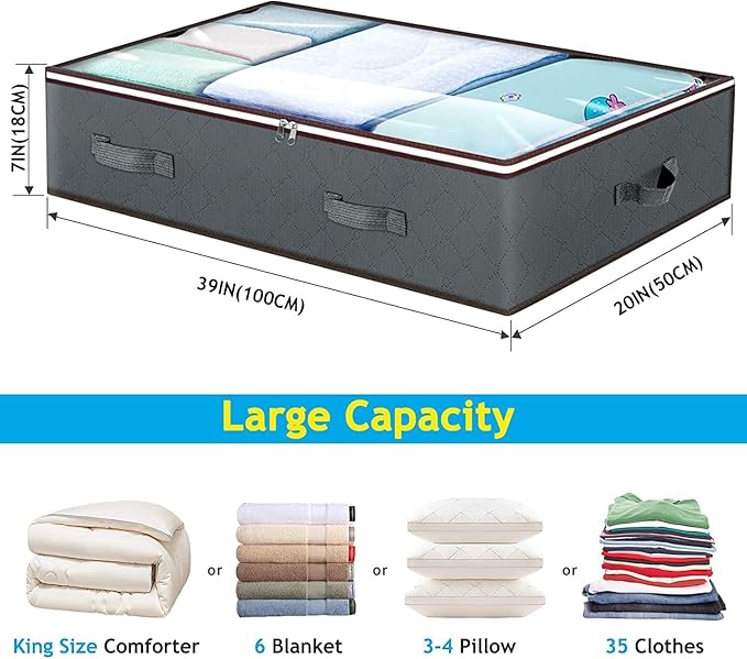 90L Under Bed Storage Containers, Underbed Toy Organizers and Clothing Storage Bags, Closet Storage Bins with Clear Window for Organizing Blanket Comforter Bedding Clothes Bedroom Dorm, 2 Pack-NeatNest