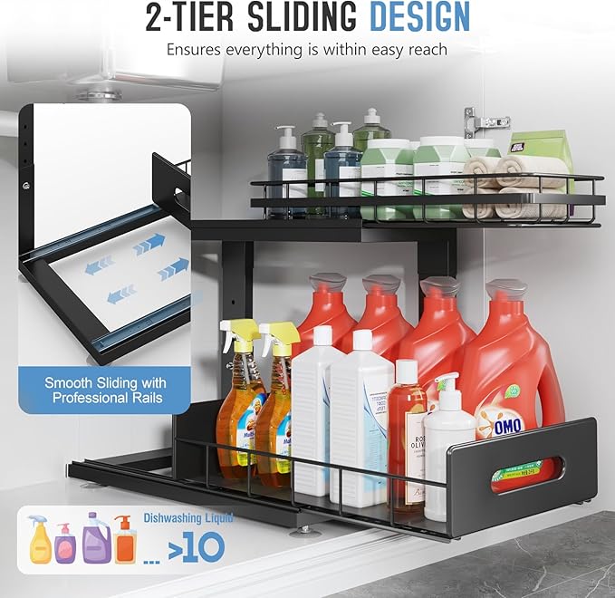 1 Pack Under Sink Organizer Upgrade To Professional Rails,2-Tier Dual Pull Out Cabinet Storage,Height Adjustable Slide Out Drawers For Bathroom Kitchen,Under Sink Shelf-Black-NeatNest