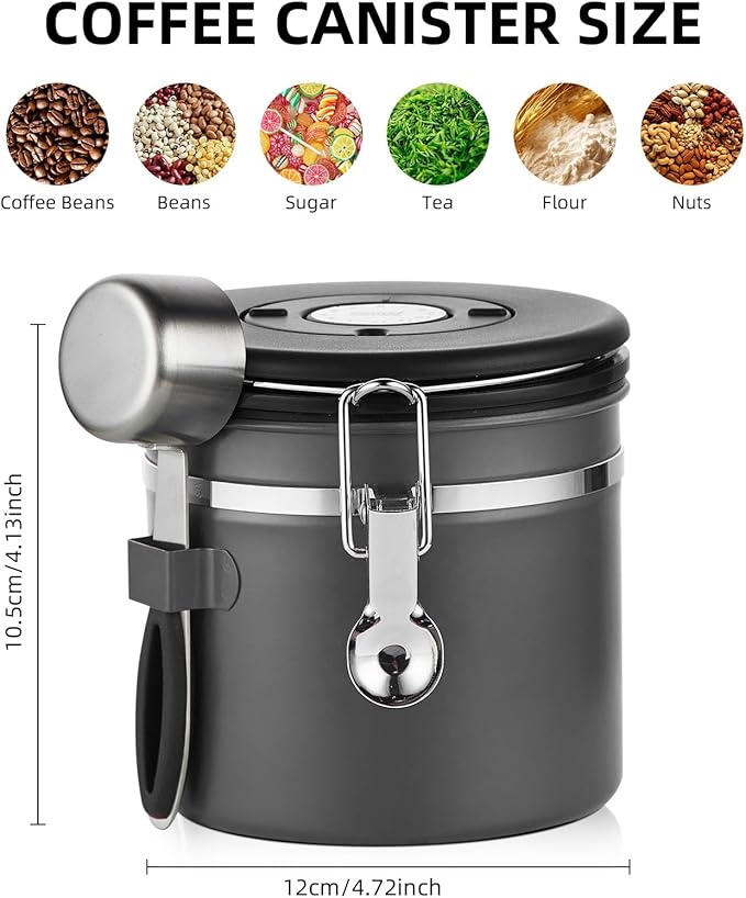 Bincoo Coffee Canister, Small Stainless Steel Coffee Bean Storage Container with Date Tracker, Airtight Coffee Canister with CO2 Valve & Free Scoop (800ML-Grey)-NeatNest