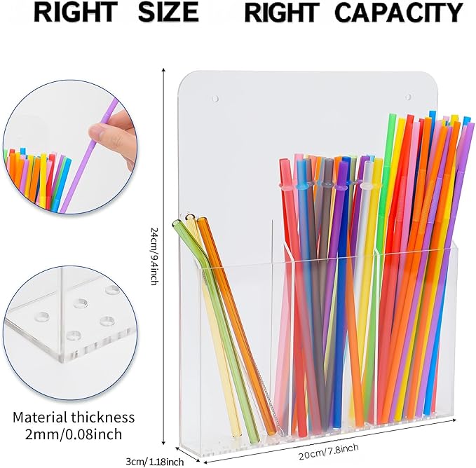 Acrylic Straw Holder for Cabinet, Large Capacity Thickened 9.4"x7.8" Adhesive Cabinet Door Organizer,Drinking Straws Dispenser,Organizer for Cupboard Reusable for Kitchen