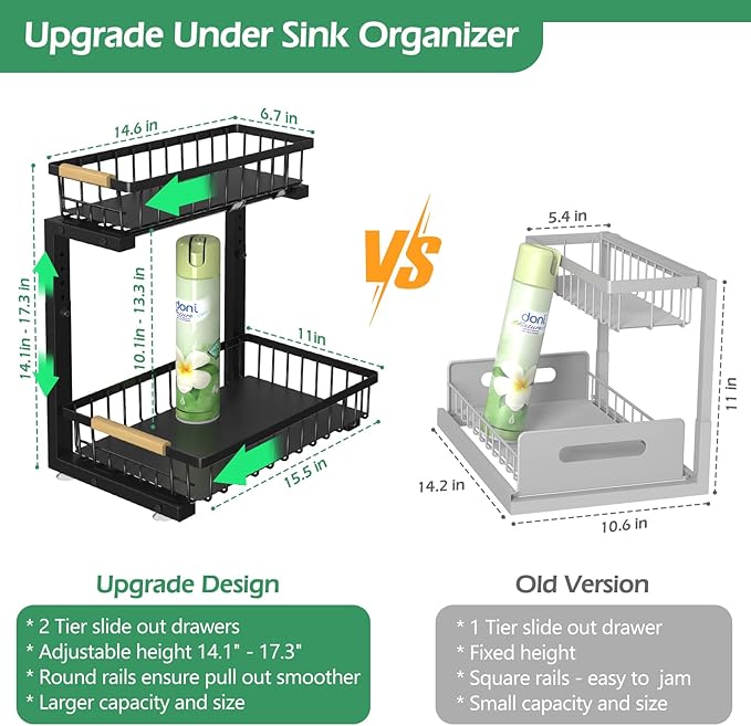 ADRIMER Under Sink Organizer 2 Packs, Pull Out Kitchen Sink Organizer, 2 Tier Slide Out Kitchen Organizers and Storage Bathroom Under Cabinet Storage Shelf, Black-NeatNest
