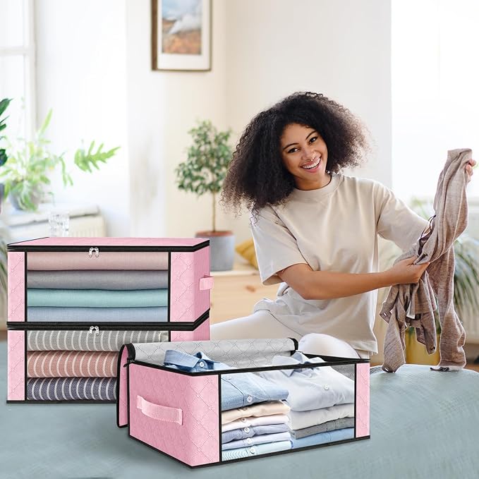 HomeHacks Storage 6-Pack Clothes Organizer Storage Bags Foldable Storage Box with Large Clear Window Sturdy Handles for Closet, Dorm, Pillows, Bedding, Clothes, Blankets, 35L, Pink-NeatNest