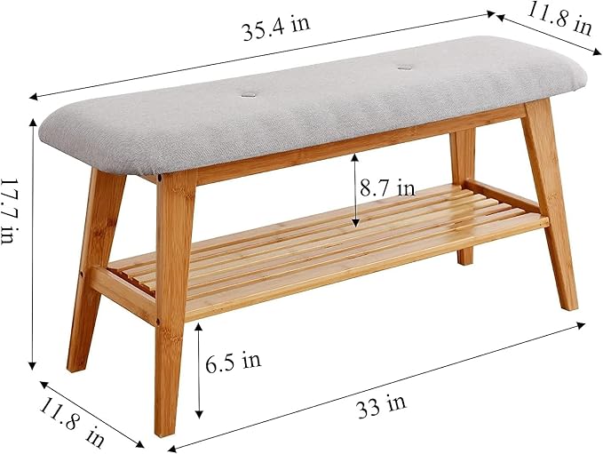 Bamboo Shoe Bench, Entryway Bench, 2 Tier Shoe Rack Bench (Nature,35.4'')-NeatNest