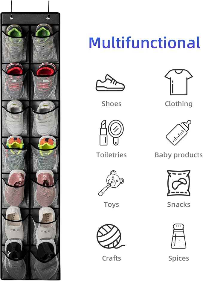 KEEPJOY Over the Door Shoe Organizer, Hanging Shoe Organizer with 4 Hooks,Door Shoe Holder with 14 Mesh Deep Pockets Closet Door Shoe Storage Bag (Grey-2Pack)-NeatNest