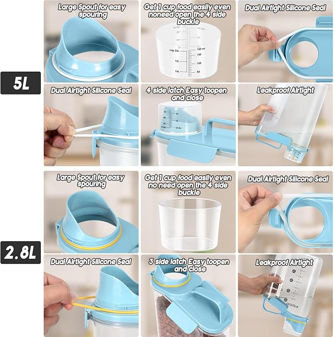 Dog Food Storage Container, Upgraded Large Nozzle BPA-free, 8-12 LBS Plastic Pet Food Storage Containers, With 4 Sealed Clasps, 1 Measuring Cup and Handle (2, Natural Blue (3L+5L), (3L+5L))-NeatNest