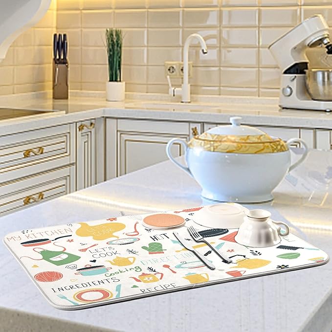 Dish Drying Mats for Kitchen Counter Kitchen Doodle Pattern Microfiber Dish Rack Mat Dry Mats for Dishes Large 24 x 18 Inches