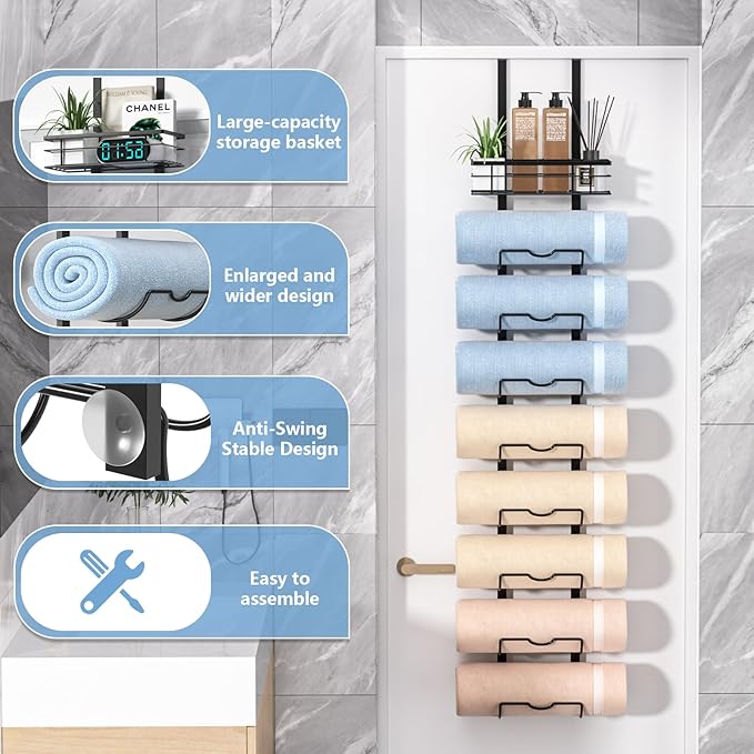 9-Tier Over The Door Towel Rack,Towel Racks for Bathroom, Metal Towel Holder with Storage Basket,Towel Storage for Small Bathroom,Towel Rack for Rolled Towels,Black