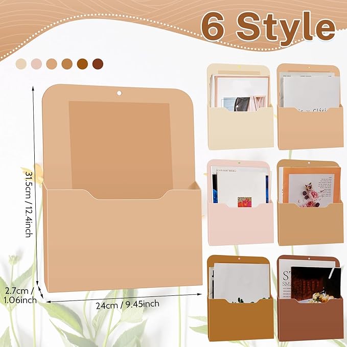 Fuutreo 6 Pcs Magnetic Wall File Organizer Magnetic Wall File Holder Refrigerator Magazine Holder for Mail Letters Paper(Earthy Color,10 x 13 Inch,Vertical)
