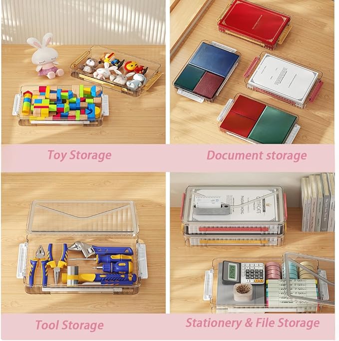 2 Pack Clear Plastic File Boxes w/Latching Lids, Stackable A4 Storage (White Latches, Large)