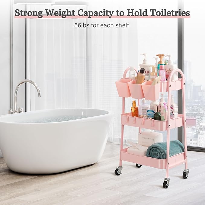 Danpinera 3-Tier Rolling Cart, Metal Storage Cart with Lockable Wheels, Hanging Cups & Hooks, Mobile Trolley for Kitchen, Bathroom, Office, Workshop, Pink-NeatNest