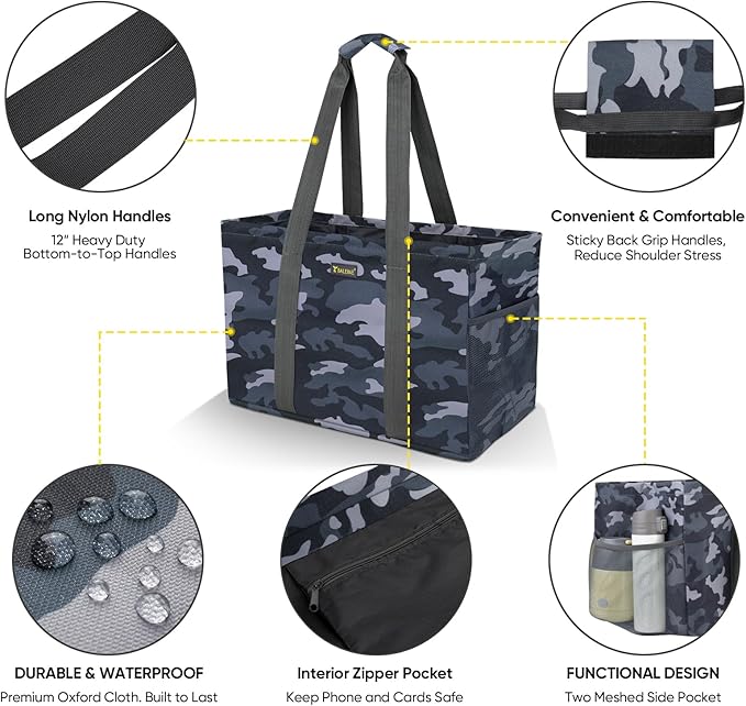 BALEINE Soft 9 Gallon Extra Large Utility Tote, Foldable Reusable Storage Bag (Grey Camouflage)-NeatNest