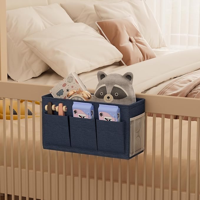 Dual-purpose Bedside Caddy Bedside Organizer, Bed Caddy with 6 Pockets, Versatile Bedside Storage Solution Magazine Remotes holder, ideal for Home, Dorm, Hospital, Crib Bed (Navy)-NeatNest