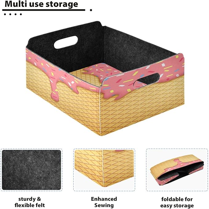 Kigai Ice Cream Cone Storage Basket, Foldable Open Storage Bins with Double Handle, Felt Storage Boxes for Office Desk, Rectangular Closet Organizer Containers for Home Bedroom