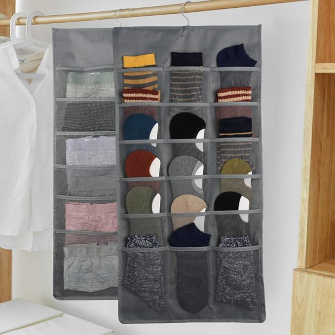 Enlarged Closet Hanging Bra Organizer with Rotating Metal Hanger, Dual Sided Wall Shelf Wardrobe Mesh Pockets Hanging Storage Bag for Bra Socks Underwear Underpants-NeatNest