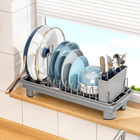Compact Dish Drying Rack with Utensil Holder – Small Countertop Dish Drainer with 360° Rotating Drain Spout, Stainless Steel Dish Rack for Kitchen Sink, Space-Saving Design for Small Kitchen , Grey-NeatNest