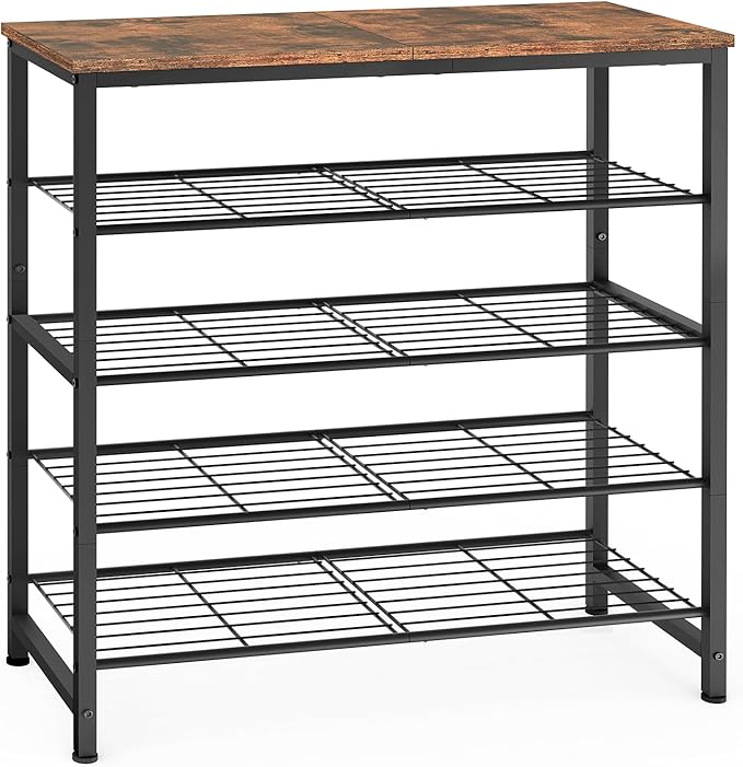 usikey 5-Tier Shoe Rack, Industrial Shoe Storage Organizer for 12-16 Pairs of Shoes, Metal Shoe Shelf with Wooden Top, Shoe Stand with 3 Metal Shelves for Entryway, Hallway, Closet, Rustic Brown-NeatNest