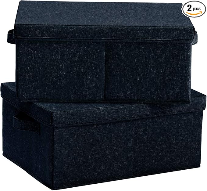 HOONEX Linen Foldable Storage Bins with Lids, 2 Pack, Storage Boxes with Carrying Handles and Sturdy Heavy Cardboard, 16.5" L x 11.8" W x 7.5" H for Shoes, Books, Clothes, Nursery, Dark Grey-NeatNest