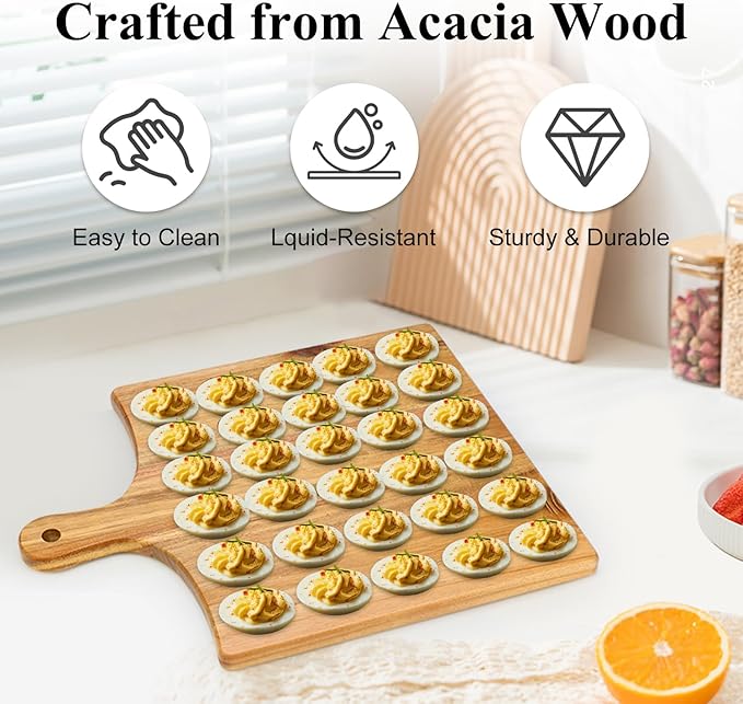 Acacia Wood Deviled Egg Platter Large 30 Holes Egg Holder for Kitchen Counter Wooden Serving Tray Easter Gift Hosting Devilled Eggs Container Charcuterie Board Carrier Cheese Plate Devil Egg Dish