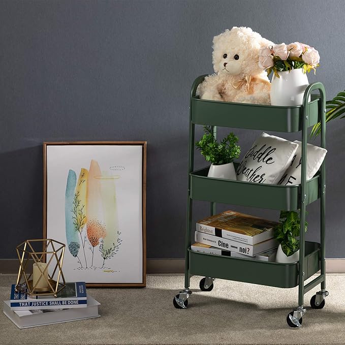 AGTEK Movable Rolling Organizer - 3 Tier Metal Storage Cart, Green-NeatNest