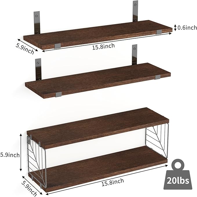 Fixwal 3+1 Tier Bathroom Floating Shelves Over Toilet, 15.8in Farmhouse Rustic Wood Shelves, Wall Decor for Bathroom, Living Room,Bedroom and Kitchen (Dark Brown)-NeatNest