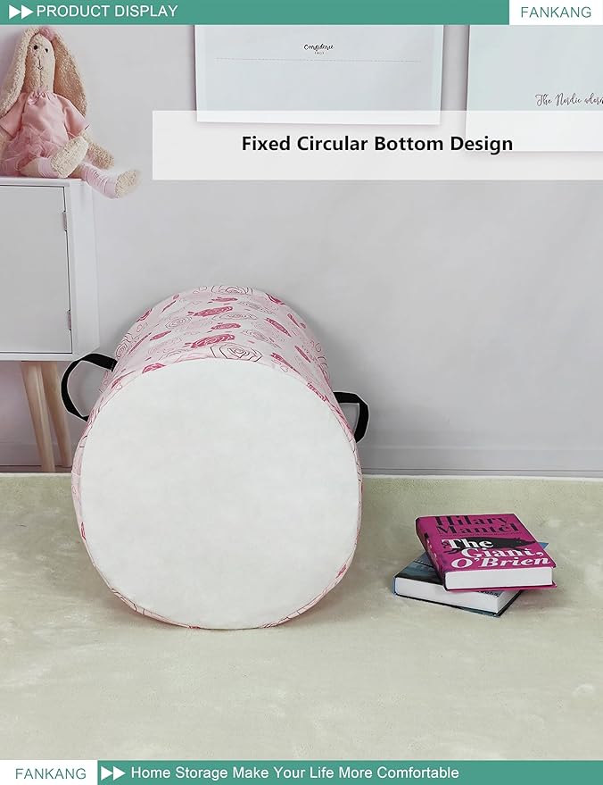 FANKANG Storage Basket, Nursery Hamper Canvas Laundry Basket Foldable with Waterproof PE Coating Large Storage Baskets for Kids Boys and Girls, Office, Bedroom, Clothes,Toys(Pink roses)