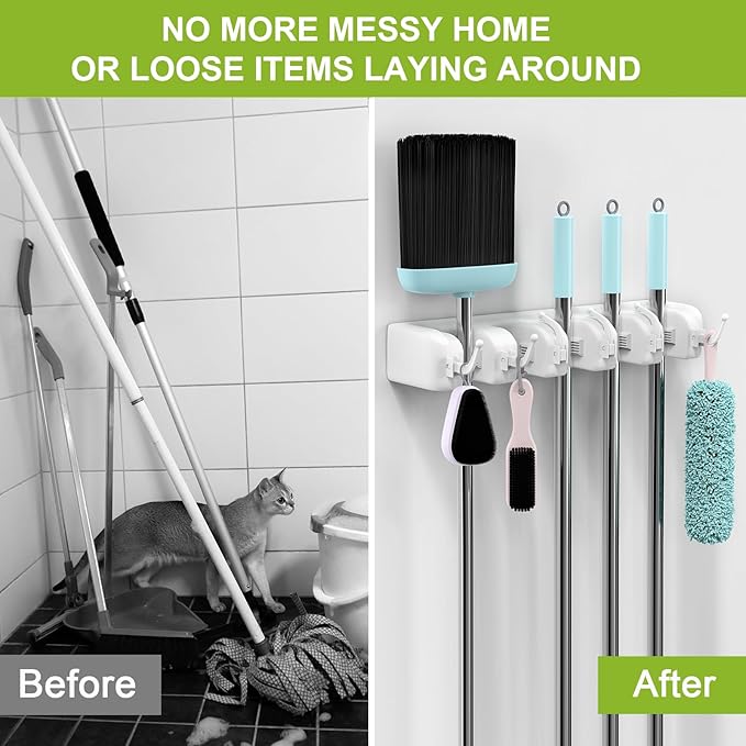 LETMY Broom Holder Wall Mount - Mop and Broom Hanger Holder - Garage Storage Rack & Garden Tool Organizer - 5 Position 6 Hooks Broom Rack for Home, kitchen, Garden, Tools, Garage Organization - White-NeatNest