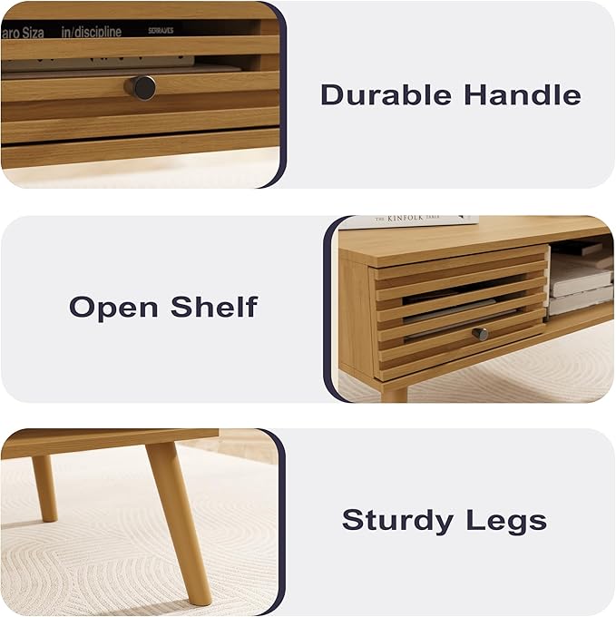 Coffee Table, Mid Century Modern Table with Storage, Living Room Center Table with Slatted Panel Drawer, Fluted Wood Coffee Table with Open Shelf for Living Room, Oak-NeatNest