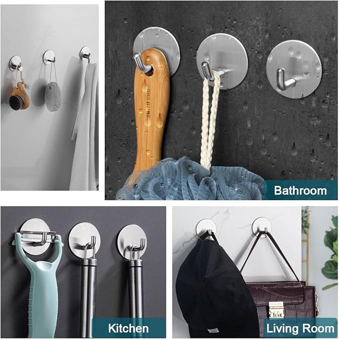 8 Pack Silver Adhesive Wall Hooks, Towel Hooks for Bathrooms, Sticky Hooks for Hanging, Stick on Wall Mount for Bathroom Kitchen Bedroom No Drill