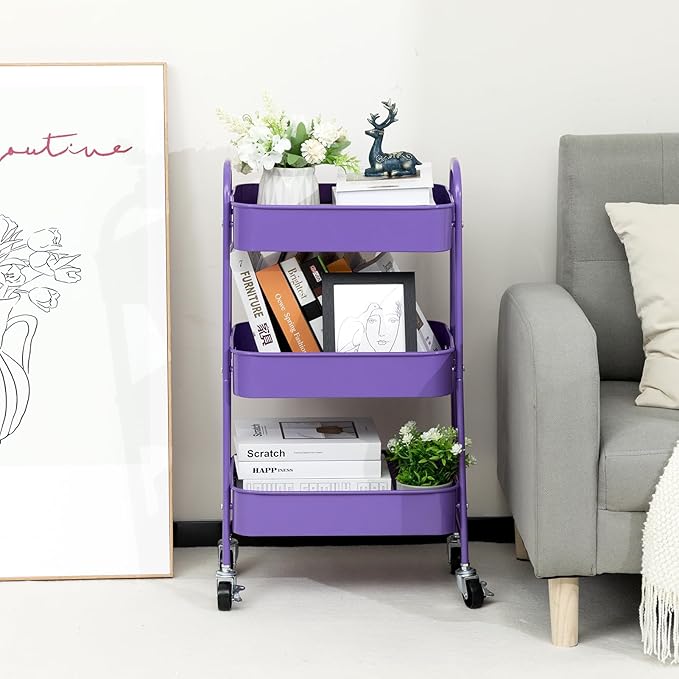 AGTEK Makeup Cart, Movable Rolling Organizer Cart, 3 Tier Metal Utility Cart with Lockable Wheels for Home & Office, Violet-NeatNest