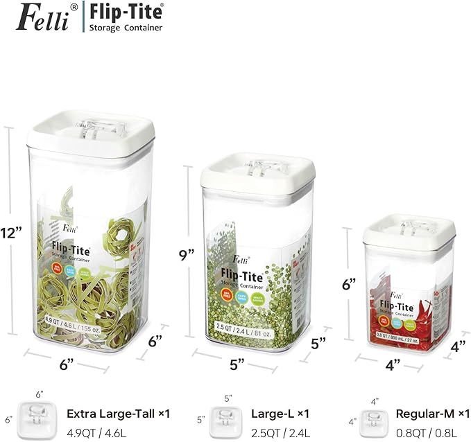Felli Flip Tite Acrylic Food Storage Container with Lid 6” XL Air Tight Ring Seal Flip Top, Plastic Kitchen Baking Canister for 5 lb Flour Sugar Rice Protein Powder Pantry Organizer (Nest-M, White)-NeatNest