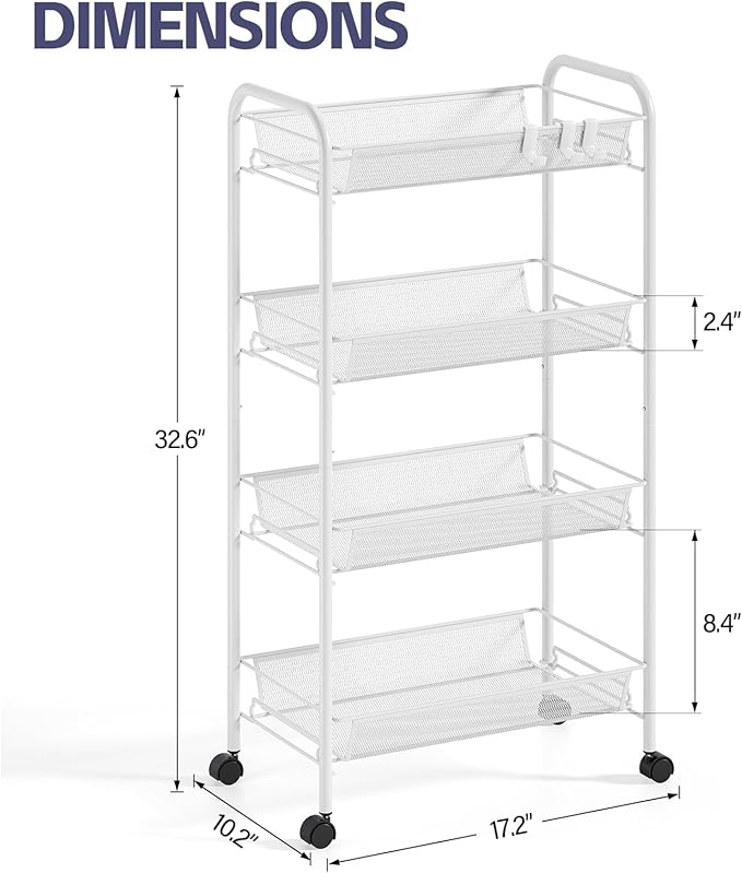 4-Tier Metal Utility Cart, Mesh Wire Rolling Cart on Wheel, Storage Trolley with Easy Assembly, Organizer Craft Cart 3 Hooks, Mobile Shelving Unit for Bathroom, Laundry Room, Home